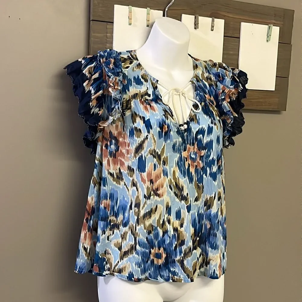 House of Harlow 1960 Boho Floral Ruffled Sleeve V-Neck Blouse w/ Rope Tie-Small